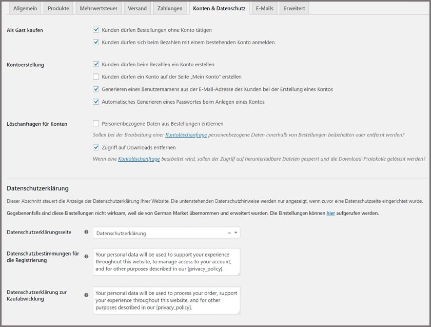 WooCommerce Konten und Datenschutz