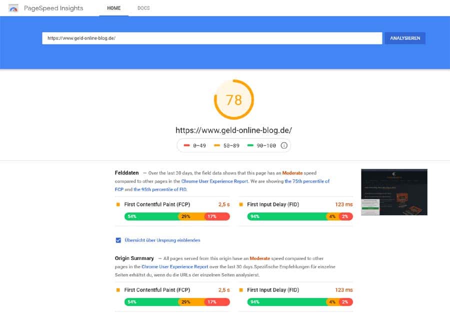 Google Pagespeed Auswertung