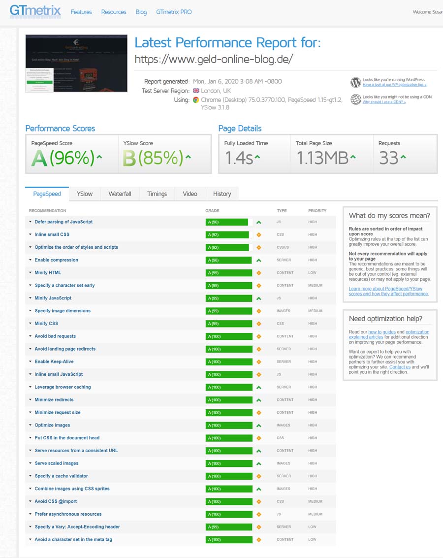 GTmetrix Auswertung