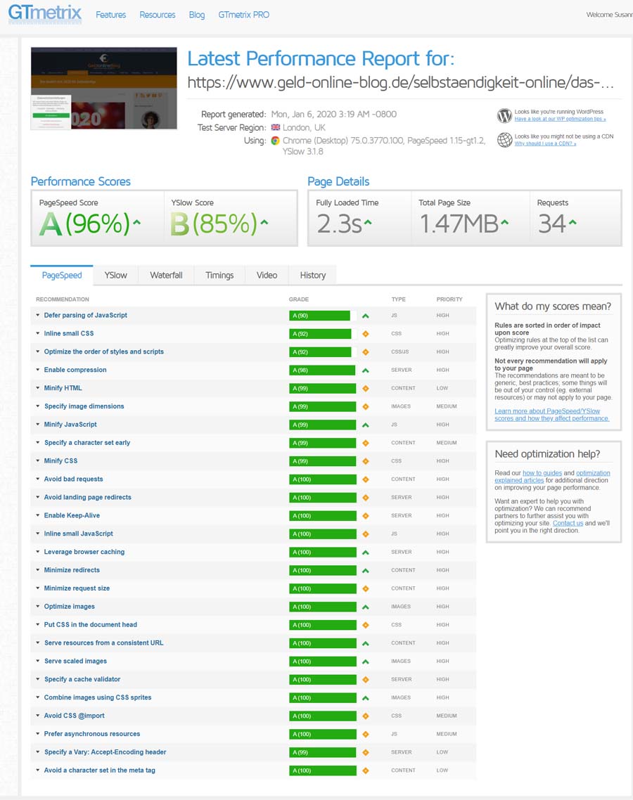 GTmetrix Auswertung